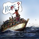 refugees on a boat with a speechbubble, the word hope has been replaced with home?